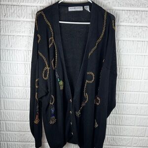 Vintage Black Cardigan with Gold Chain Beaded Accents